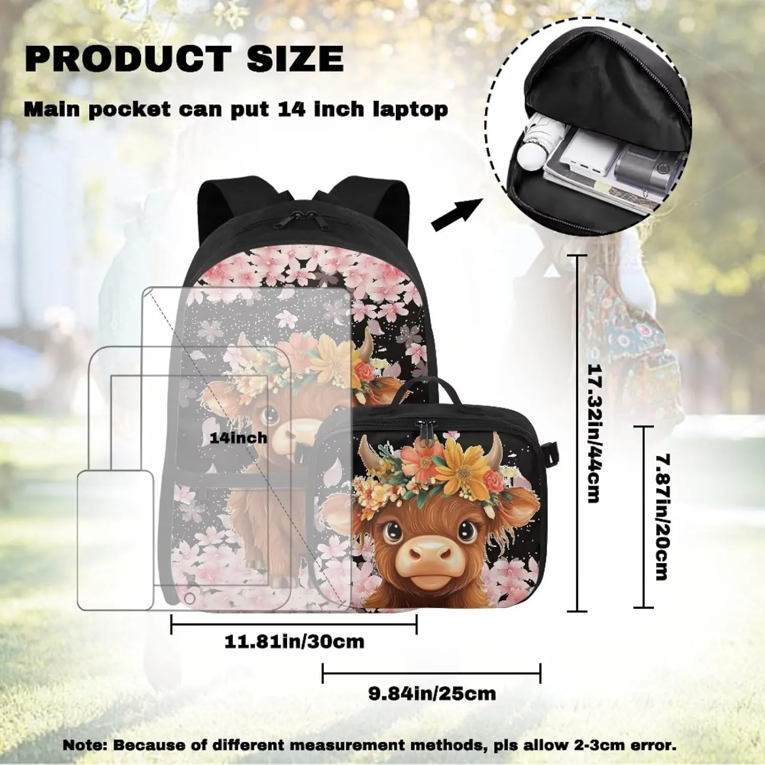 Highland Cow Backpack with Lunch Box Kids Girls Preschool Cherry Blossom Flower Bookbag for Teen 6TH Grade Laptop Compartment School Bag Set for Children