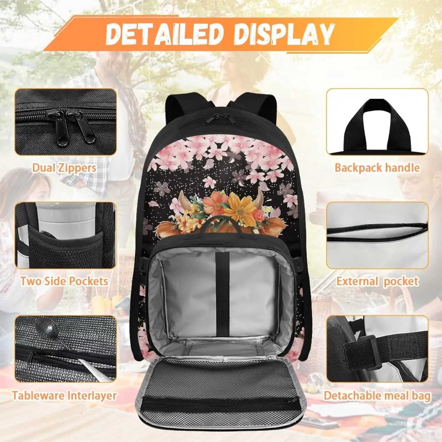 Highland Cow Backpack with Lunch Box Kids Girls Preschool Cherry Blossom Flower Bookbag for Teen 6TH Grade Laptop Compartment School Bag Set for Children