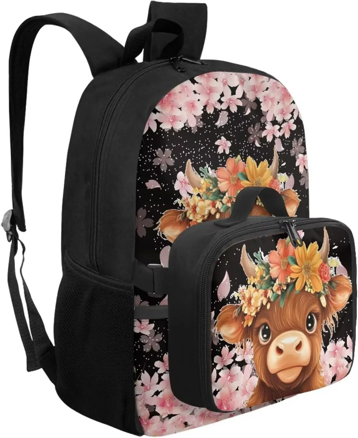 Highland Cow Backpack with Lunch Box Kids Girls Preschool Cherry Blossom Flower Bookbag for Teen 6TH Grade Laptop Compartment School Bag Set for Children