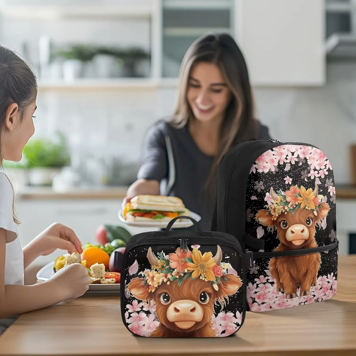 Highland Cow Backpack with Lunch Box Kids Girls Preschool Cherry Blossom Flower Bookbag for Teen 6TH Grade Laptop Compartment School Bag Set for Children