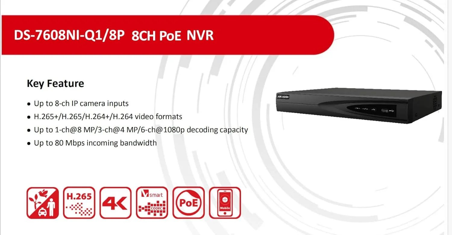HIK 8CH 4K NVR DS-7608NI-Q1/8P - 8MP 4K Network Video Recorder with Built-in PoE Ports for IP Cameras - H.265 Compatible with Hikvision Hik-Connect APP (HDD Not Included)