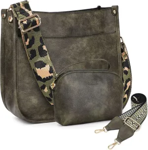 HKCLUF Crossbody Bag Purse for Women 2PCS/Set Leather Hobo Handbag Wallet Set With 2Adjustable Guitar Strap Shoulder Bag