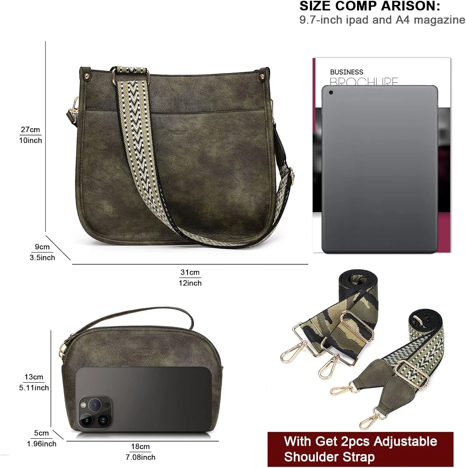 HKCLUF Crossbody Bag Purse for Women 2PCS/Set Leather Hobo Handbag Wallet Set With 2Adjustable Guitar Strap Shoulder Bag