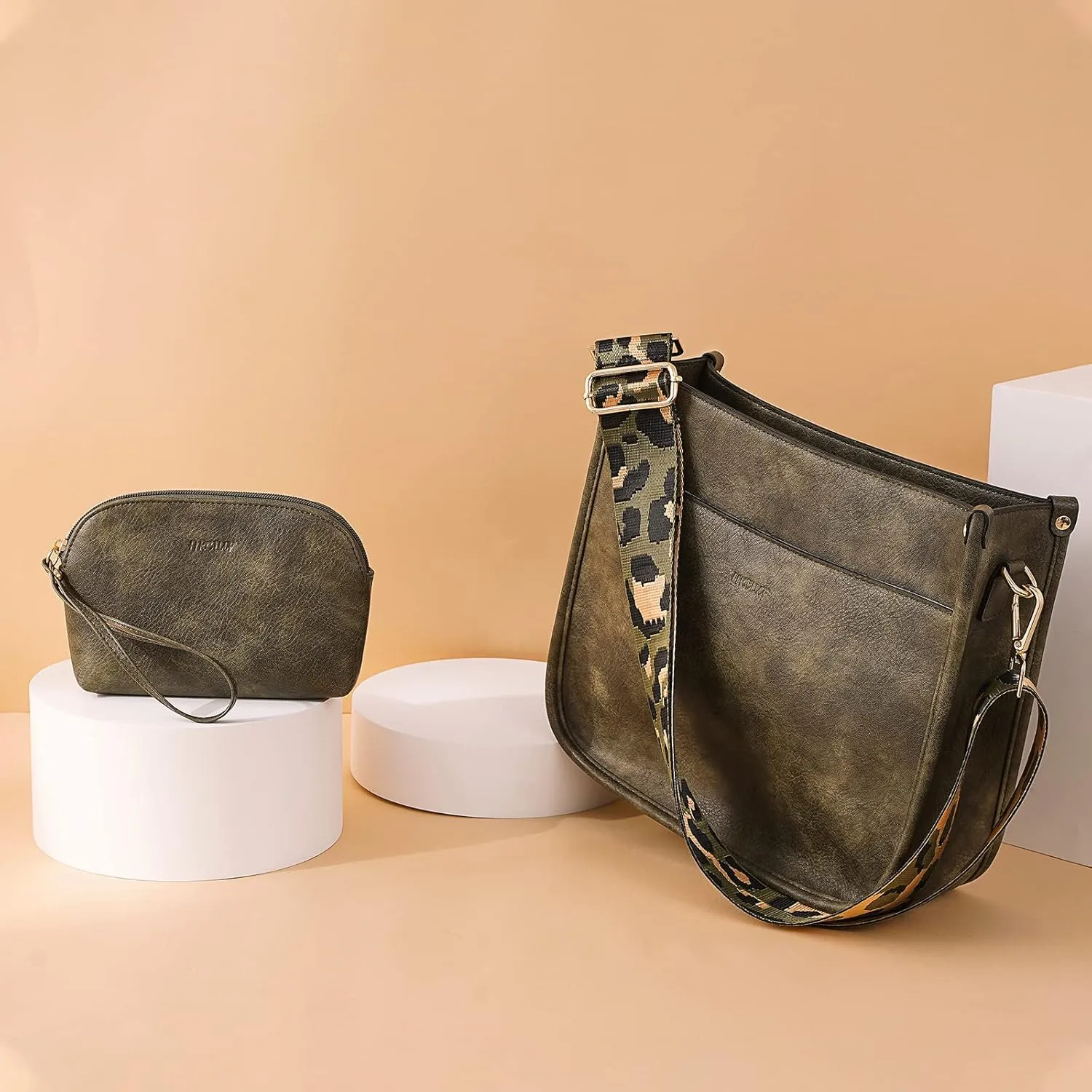 HKCLUF Crossbody Bag Purse for Women 2PCS/Set Leather Hobo Handbag Wallet Set With 2Adjustable Guitar Strap Shoulder Bag
