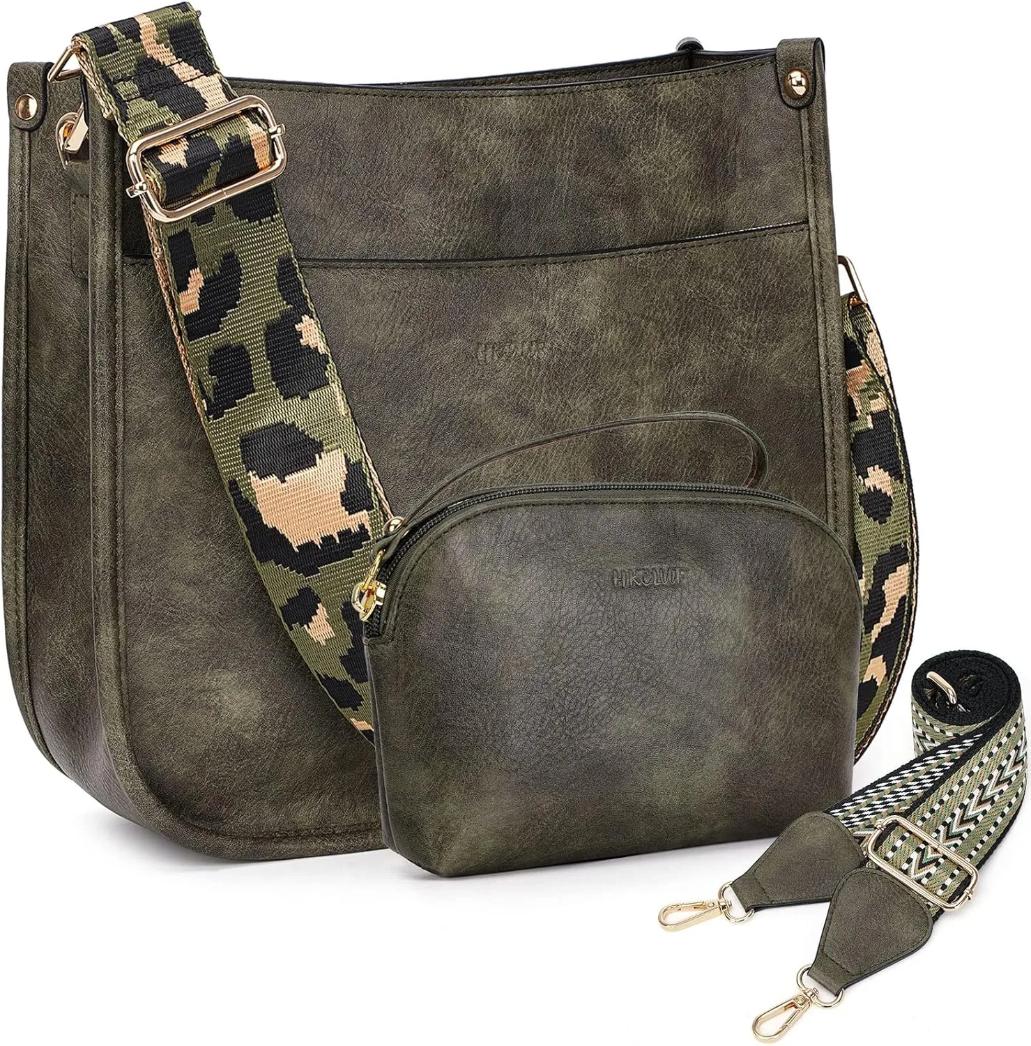 HKCLUF Crossbody Bag Purse for Women 2PCS/Set Leather Hobo Handbag Wallet Set With 2Adjustable Guitar Strap Shoulder Bag
