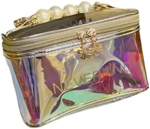 Holographic Makeup Bag Iridescent Cosmetic Toiletry Bag Pouch Waterproof Portable Skinny Glitter Pencil Case Travel Handbag for Makeup Tools Organize (Gold)