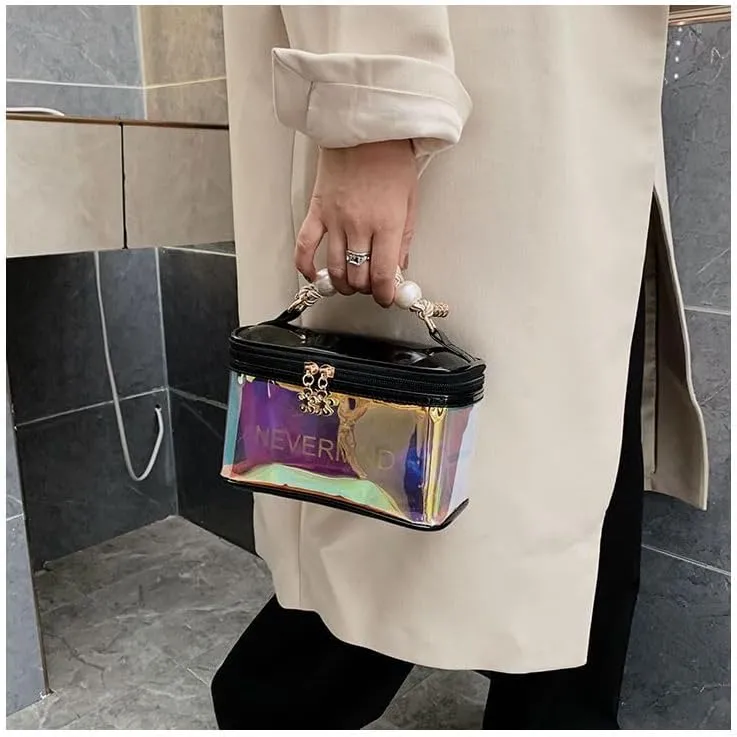 Holographic Makeup Bag Iridescent Cosmetic Toiletry Bag Pouch Waterproof Portable Skinny Glitter Pencil Case Travel Handbag for Makeup Tools Organize (Gold)
