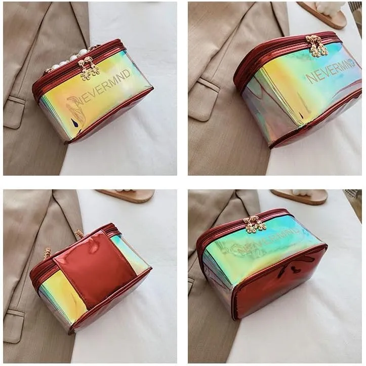 Holographic Makeup Bag Iridescent Cosmetic Toiletry Bag Pouch Waterproof Portable Skinny Glitter Pencil Case Travel Handbag for Makeup Tools Organize (Red)