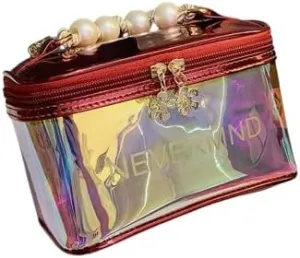 Holographic Makeup Bag Iridescent Cosmetic Toiletry Bag Pouch Waterproof Portable Skinny Glitter Pencil Case Travel Handbag for Makeup Tools Organize (Red)