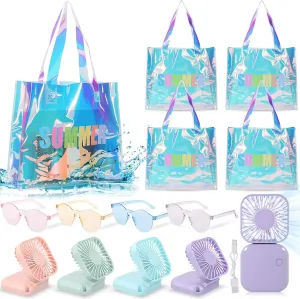 Hortsun 12 Pcs Summer Party Favors Include 4 Holographic Rainbow Iridescent Handbag 4 Personal Necklace Fan Portable 4 Color Therapy Glasses USB Rechargeable Battery Handheld Fan for Sport, Travel