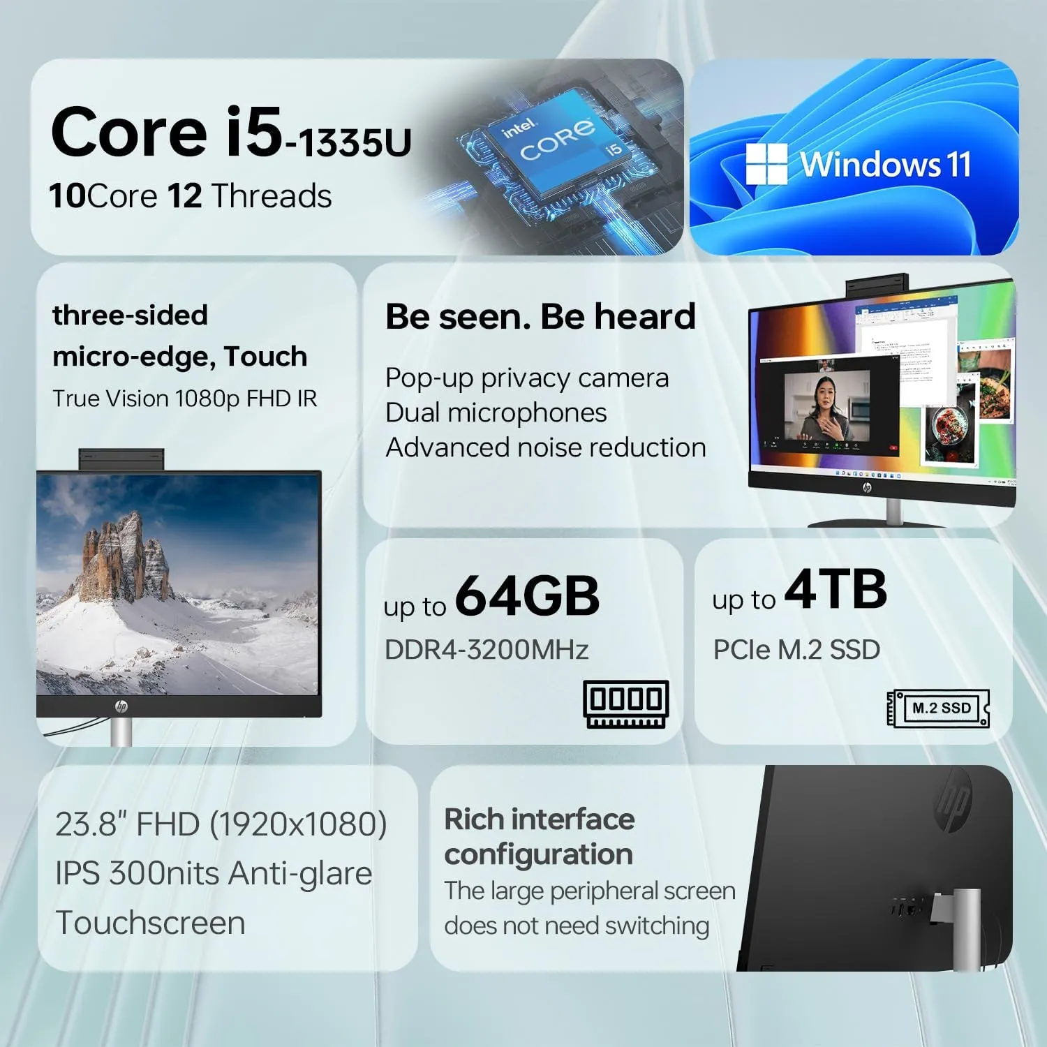 HP 24 i5 All-in-One Desktop, 23.8" FHD Touchscreen, 10-Core 13th i5 Processor, 64GB RAM, 2TB SSD, True Vision 1080p Webcam   Integrated Microphones, Wired KB & M, Bundle with Adata 512GB Mobile SSD