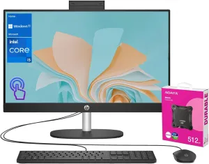 HP 24 i5 All-in-One Desktop, 23.8" FHD Touchscreen, 10-Core 13th i5 Processor, 64GB RAM, 2TB SSD, True Vision 1080p Webcam   Integrated Microphones, Wired KB & M, Bundle with Adata 512GB Mobile SSD