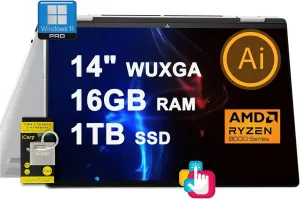 HP Envy x360 2-in-1 Copilot AI PC Laptop 14" WUXGA Touch AMD Zen 4 8-core Ryzen 7 8840HS (>i7-1355U) 16GB RAM 1TB SSD Backlit USB-C 5MP IR Privacy Camera Poly Fast Charge Win11Pro w/ICP Accessory