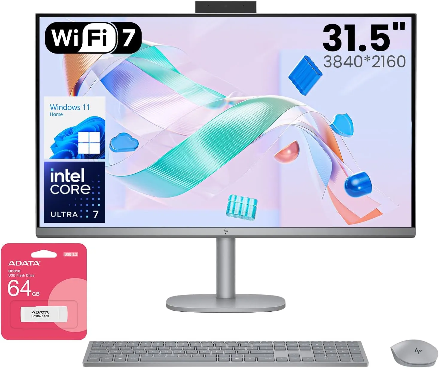 HP OmniStudio X 32 AI All-in-One Desktop, 31.5" UHD 4K 3840*2160 550 nits IPS, Intel Ultra 7 155H, 32GB DDR5, 2TB SSD, Wi-Fi 7, Wireless KB&M, 5MP Camera, Bundle with Adata UC310 64GB USB Flash Drive