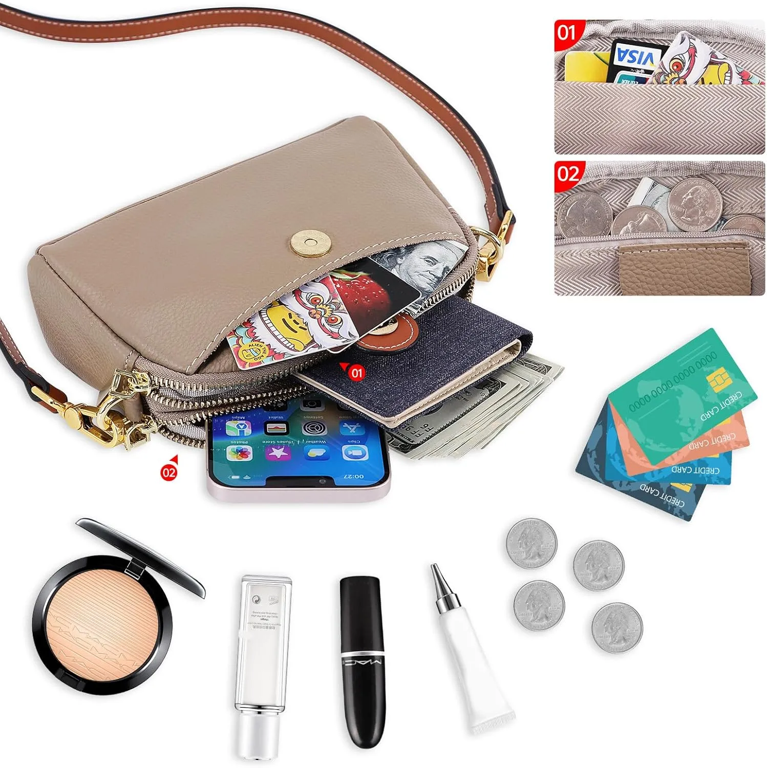 HUA ANGEL Small Crossbody Bag for Women, Lightweight Leather Mini Shoulder Bag Travel Cellphone Pouch Satchel Bag with Strap