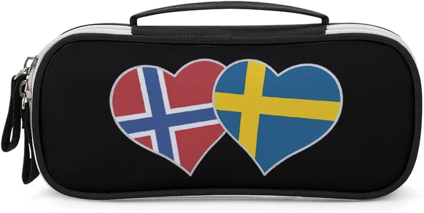 Iceland and Sweden Flag Heart Pencil Bag Travel Cosmetic Makeup Pouch Portable Stationery Organizer for Women