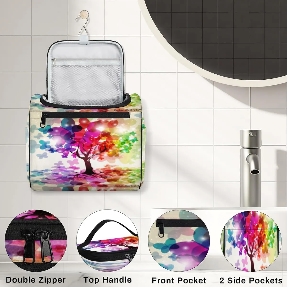 Impressionism Art Rainbow Tree Travel Makeup Bag for Women Men Portable Waterproof Cosmetic Bag Large Capacity Toiletry Bag Make up Case Organizer Bathroom Shower Bag with Handle Travel Accessories