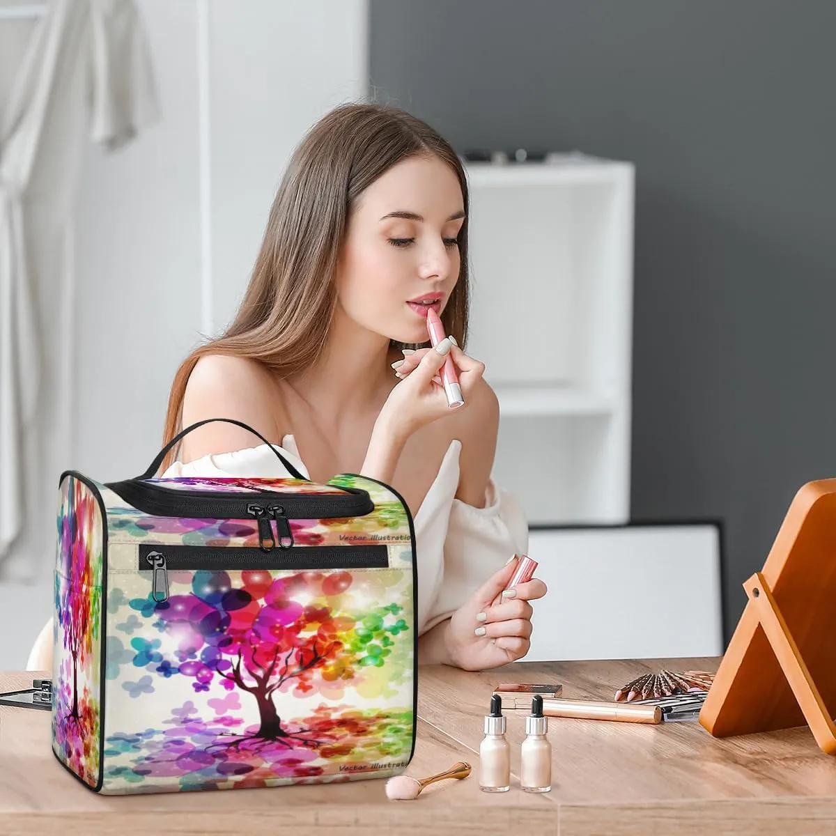 Impressionism Art Rainbow Tree Travel Makeup Bag for Women Men Portable Waterproof Cosmetic Bag Large Capacity Toiletry Bag Make up Case Organizer Bathroom Shower Bag with Handle Travel Accessories