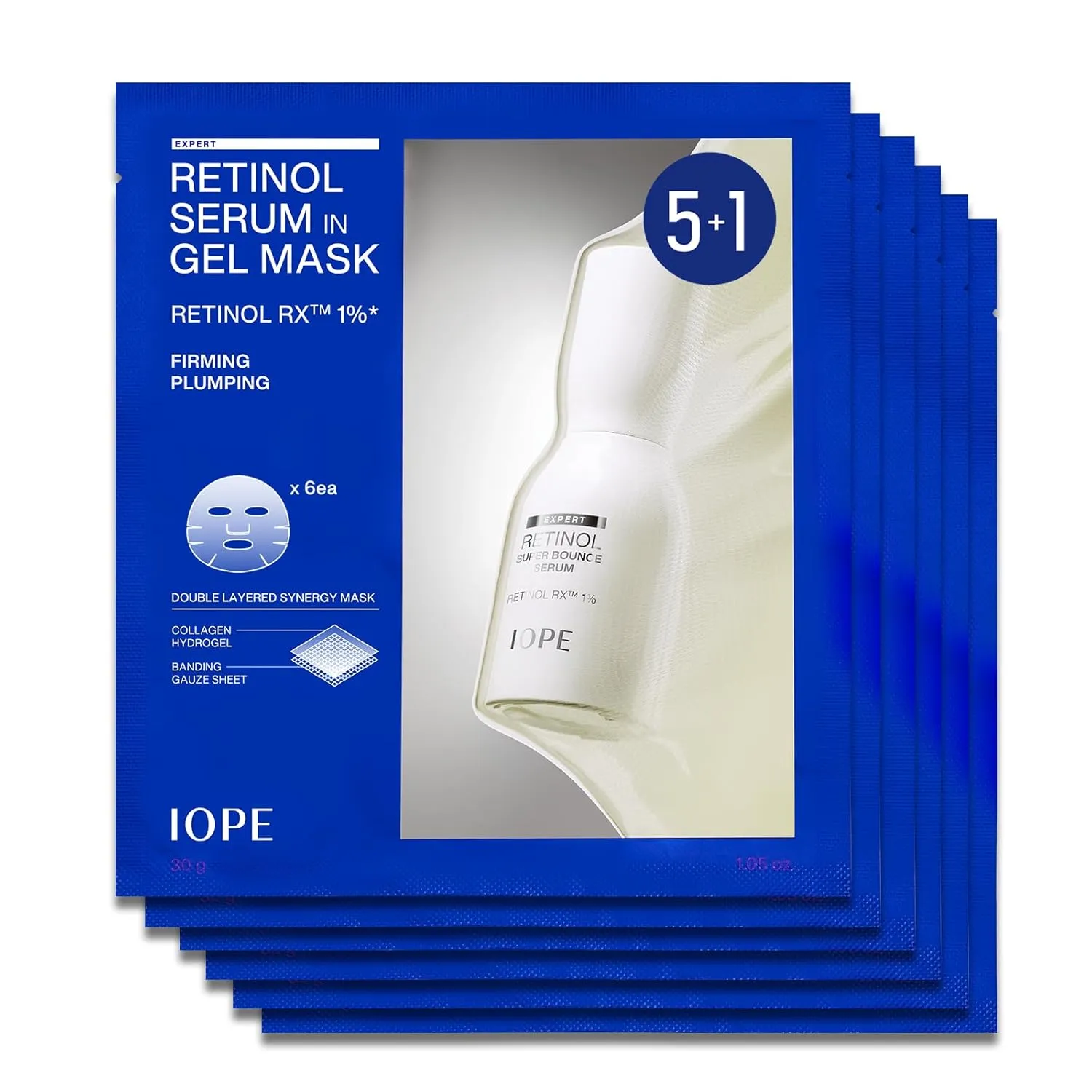 IOPE Retinol Serum in Deep Collagen Gel Mask 5 1 Set | Double-Layered Hydrogel Sheet for High Adhesion, A Full Bottle of Retinol RX 1% Serum, Intense Firming & Plumping, Anti-Aging, Korean Skincare