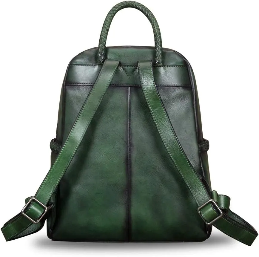 IVTG Genuine Leather Backpack for Women Vintage Real Leather Knapsack Purse Rucksack Fashion Daypack Bag High Capacity (DarkGreen)