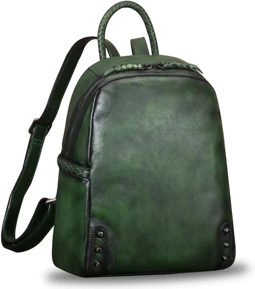 IVTG Genuine Leather Backpack for Women Vintage Real Leather Knapsack Purse Rucksack Fashion Daypack Bag High Capacity (DarkGreen)