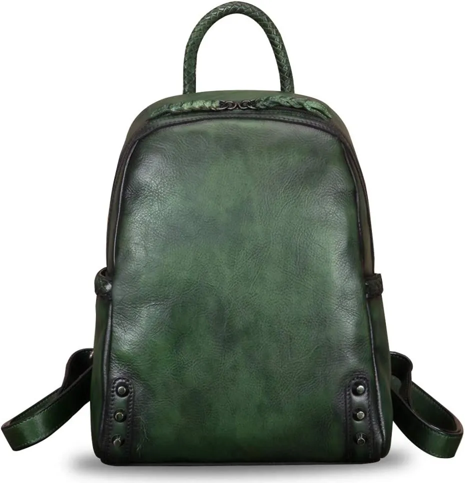 IVTG Genuine Leather Backpack for Women Vintage Real Leather Knapsack Purse Rucksack Fashion Daypack Bag High Capacity (DarkGreen)