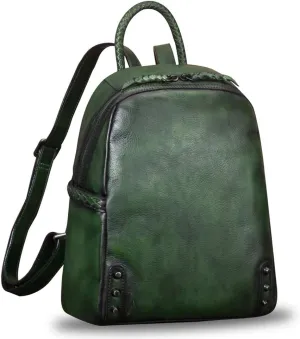 IVTG Genuine Leather Backpack for Women Vintage Real Leather Knapsack Purse Rucksack Fashion Daypack Bag High Capacity (DarkGreen)