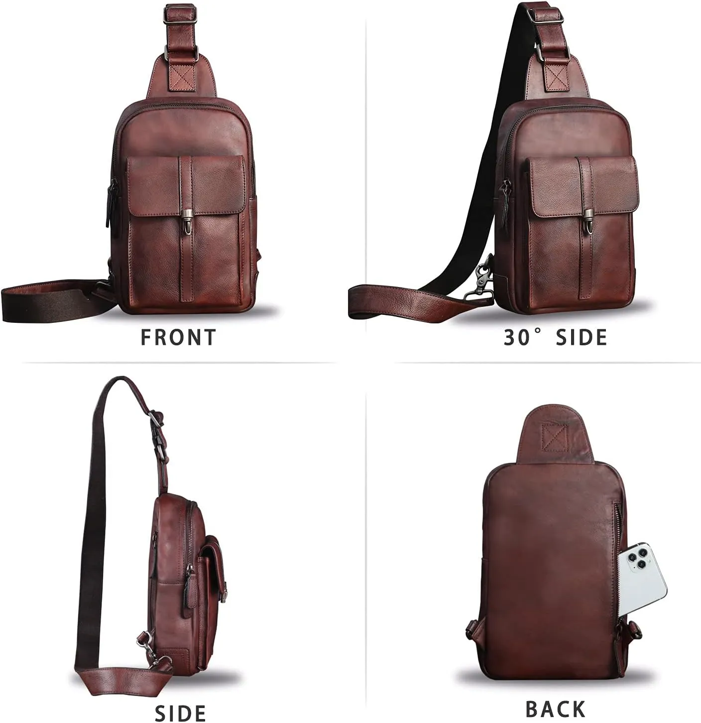IVTG Genuine Leather Sling Bag Casual Shoulder Hiking Backpack Vintage Handmade Crossbody Bag Retro Chest Daypack (Coffee)