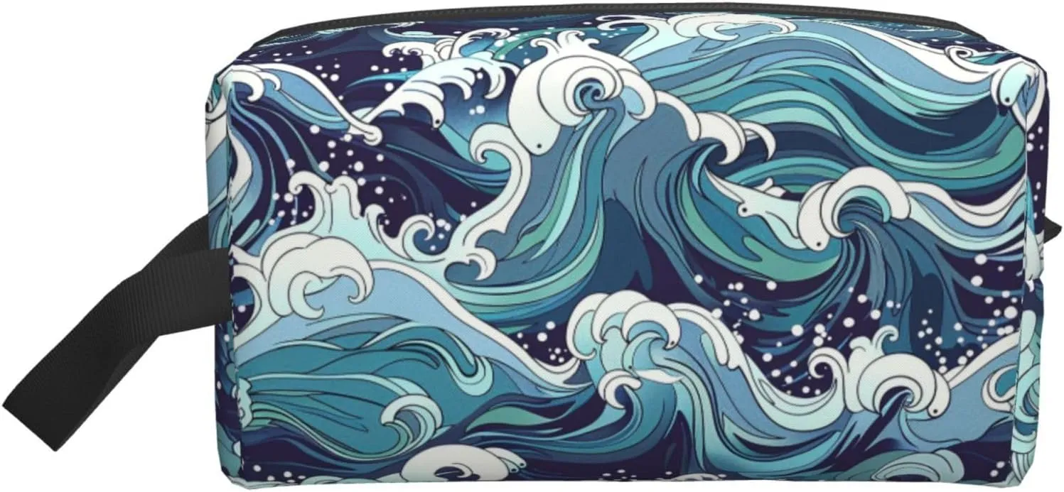 Japanese Ocean Waves Travel Toiletry Bag for Women Men, Portable Hanging Toiletry Bag, Waterproof Dopp Kit Cosmetic Organizer, Large Capacity Shaving Bag Makeup Bag
