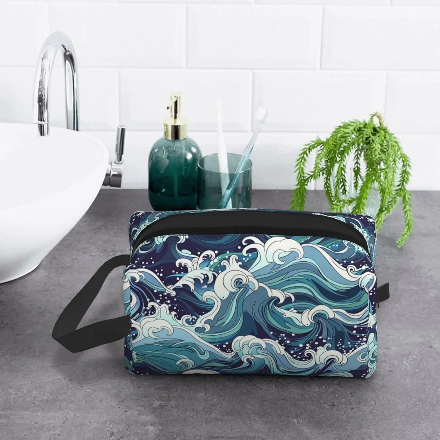 Japanese Ocean Waves Travel Toiletry Bag for Women Men, Portable Hanging Toiletry Bag, Waterproof Dopp Kit Cosmetic Organizer, Large Capacity Shaving Bag Makeup Bag