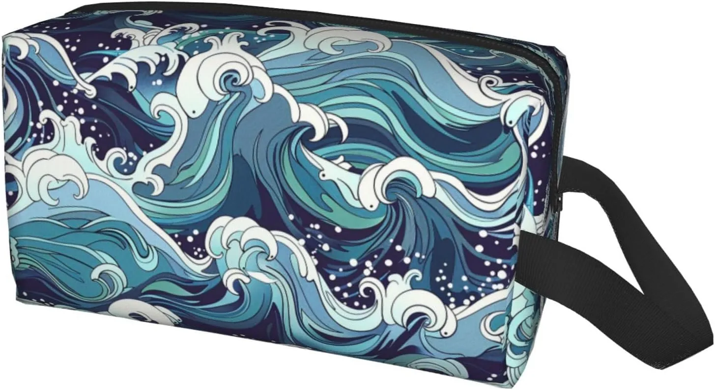 Japanese Ocean Waves Travel Toiletry Bag for Women Men, Portable Hanging Toiletry Bag, Waterproof Dopp Kit Cosmetic Organizer, Large Capacity Shaving Bag Makeup Bag