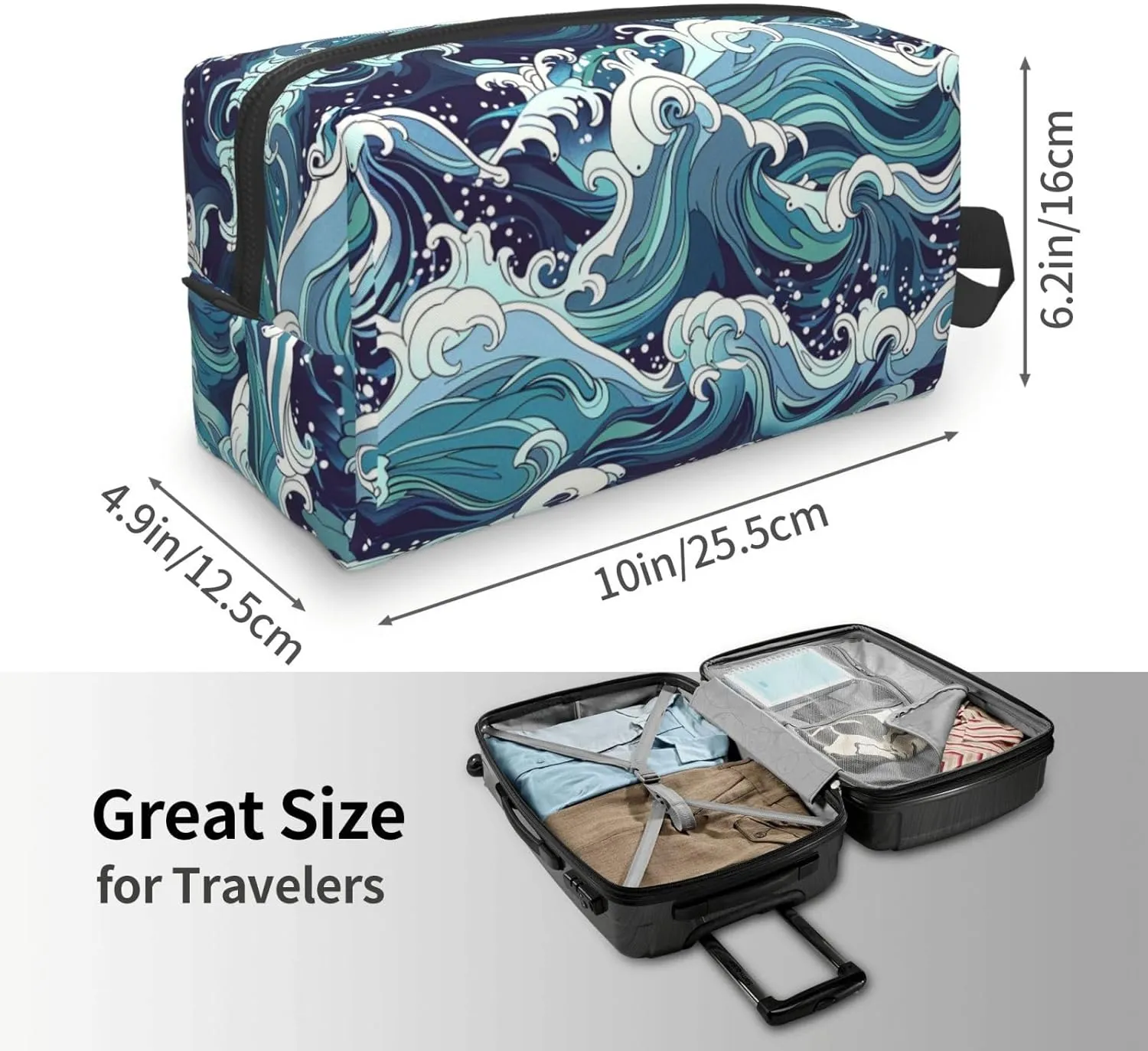 Japanese Ocean Waves Travel Toiletry Bag for Women Men, Portable Hanging Toiletry Bag, Waterproof Dopp Kit Cosmetic Organizer, Large Capacity Shaving Bag Makeup Bag