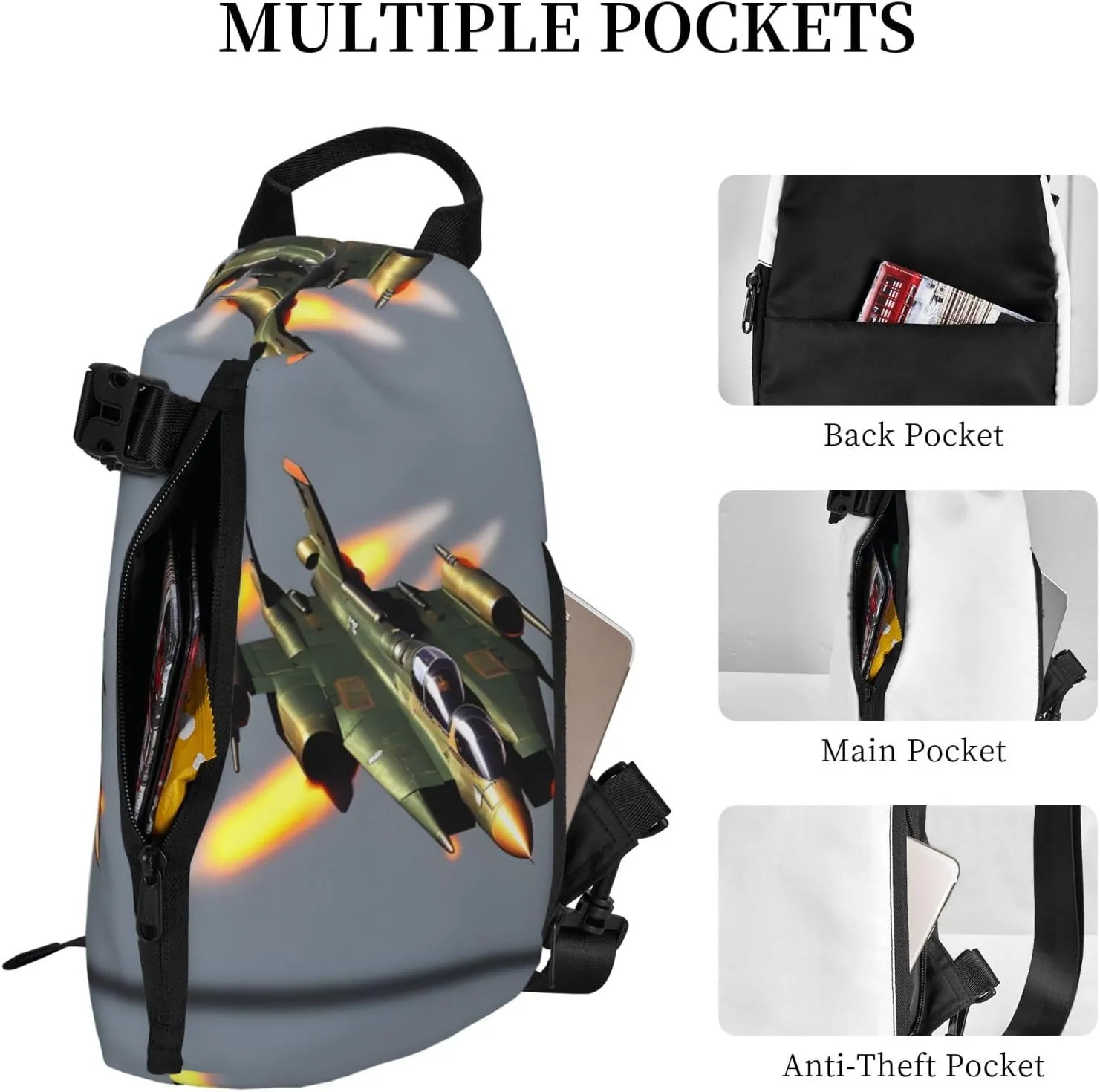 Jet Fighters Print Crossbody Backpack Casual Adjustable Bag Multifunctional Sling Backpack