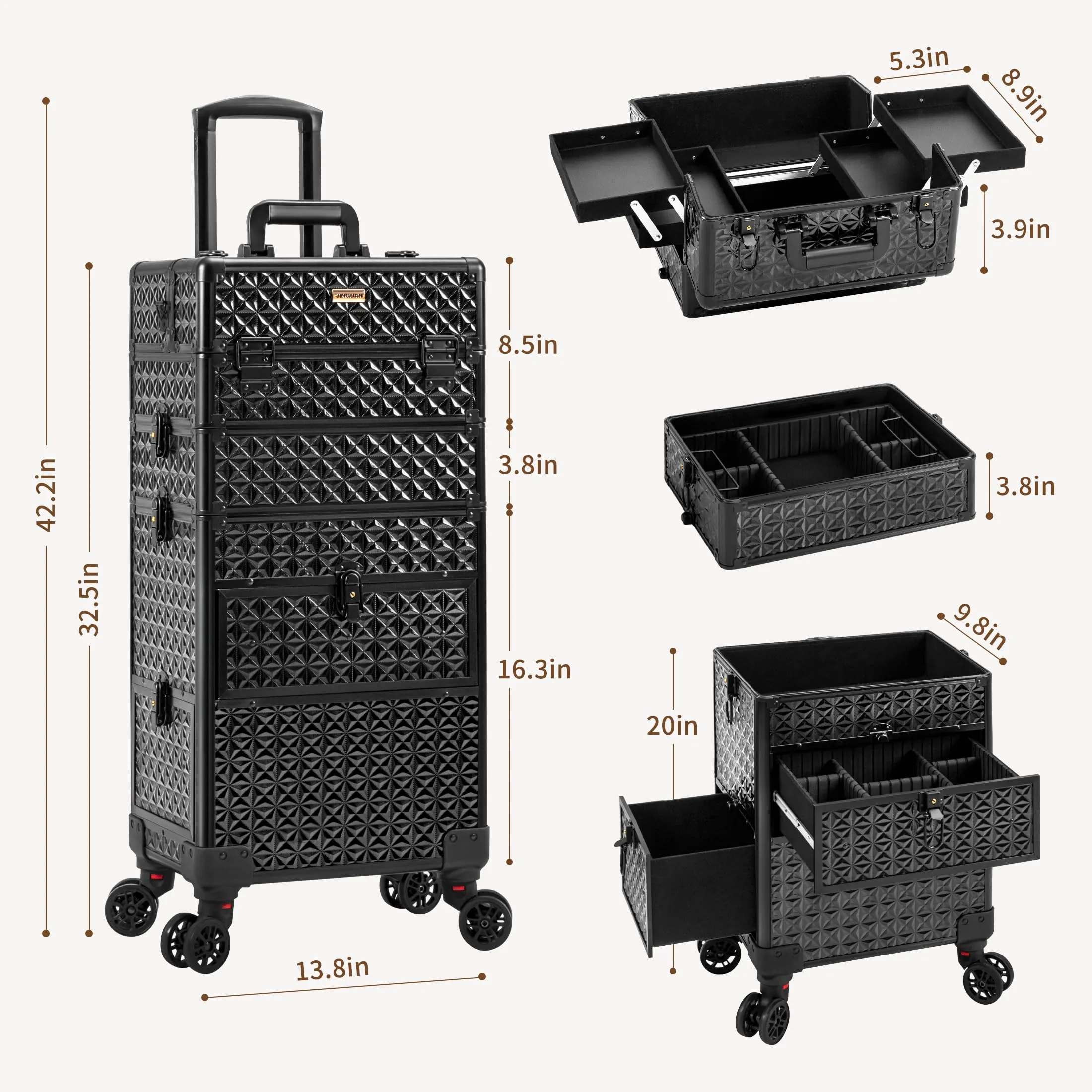 JINGUAN 4 in 1 Rolling Makeup Case with Drawers, Multi-functional Cosmetic Trolley with Wheels and Keys, Large Storage Traveling Cart Trunk for Nail Technicians, Makeup Artist and Hairstylist, Black