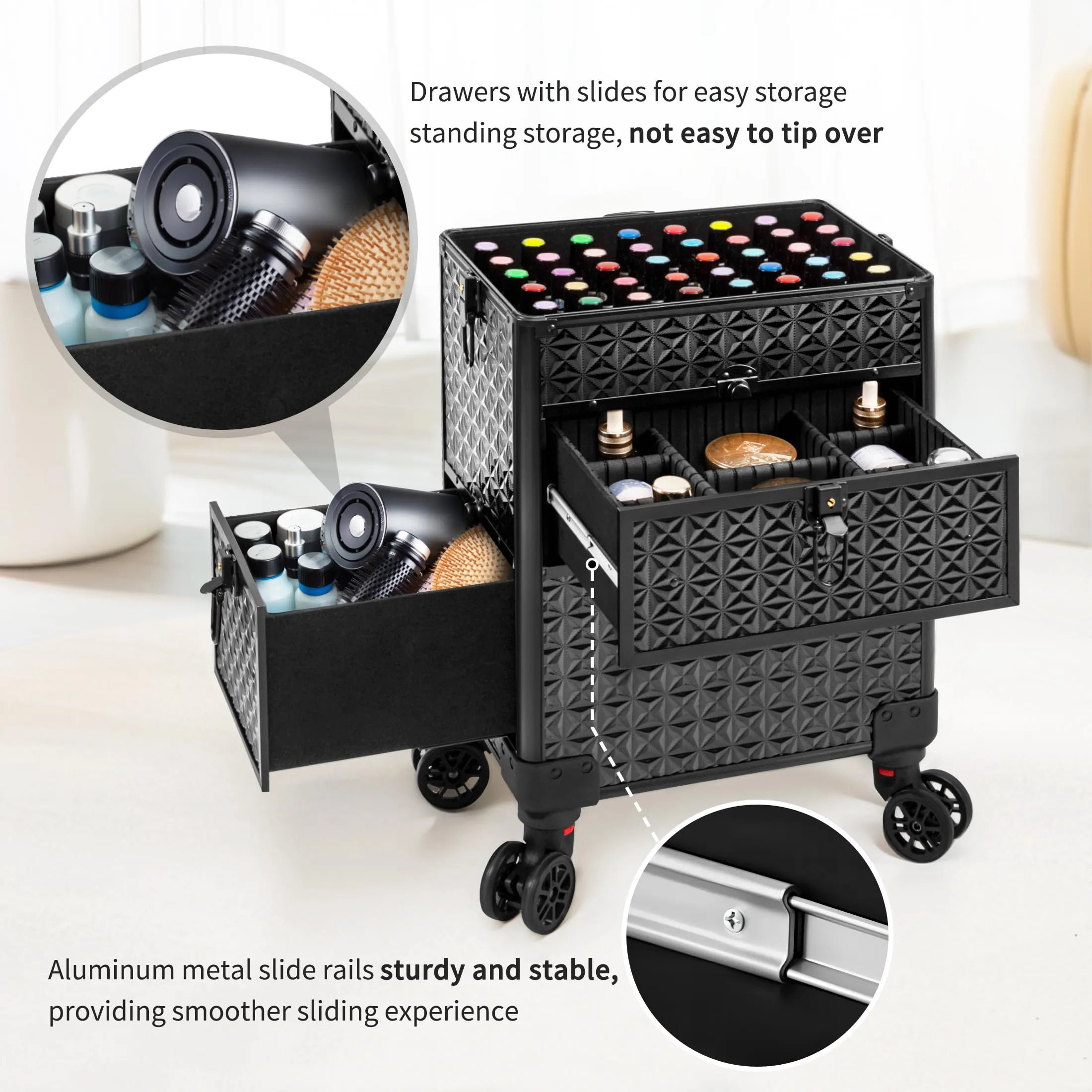 JINGUAN 4 in 1 Rolling Makeup Case with Drawers, Multi-functional Cosmetic Trolley with Wheels and Keys, Large Storage Traveling Cart Trunk for Nail Technicians, Makeup Artist and Hairstylist, Black