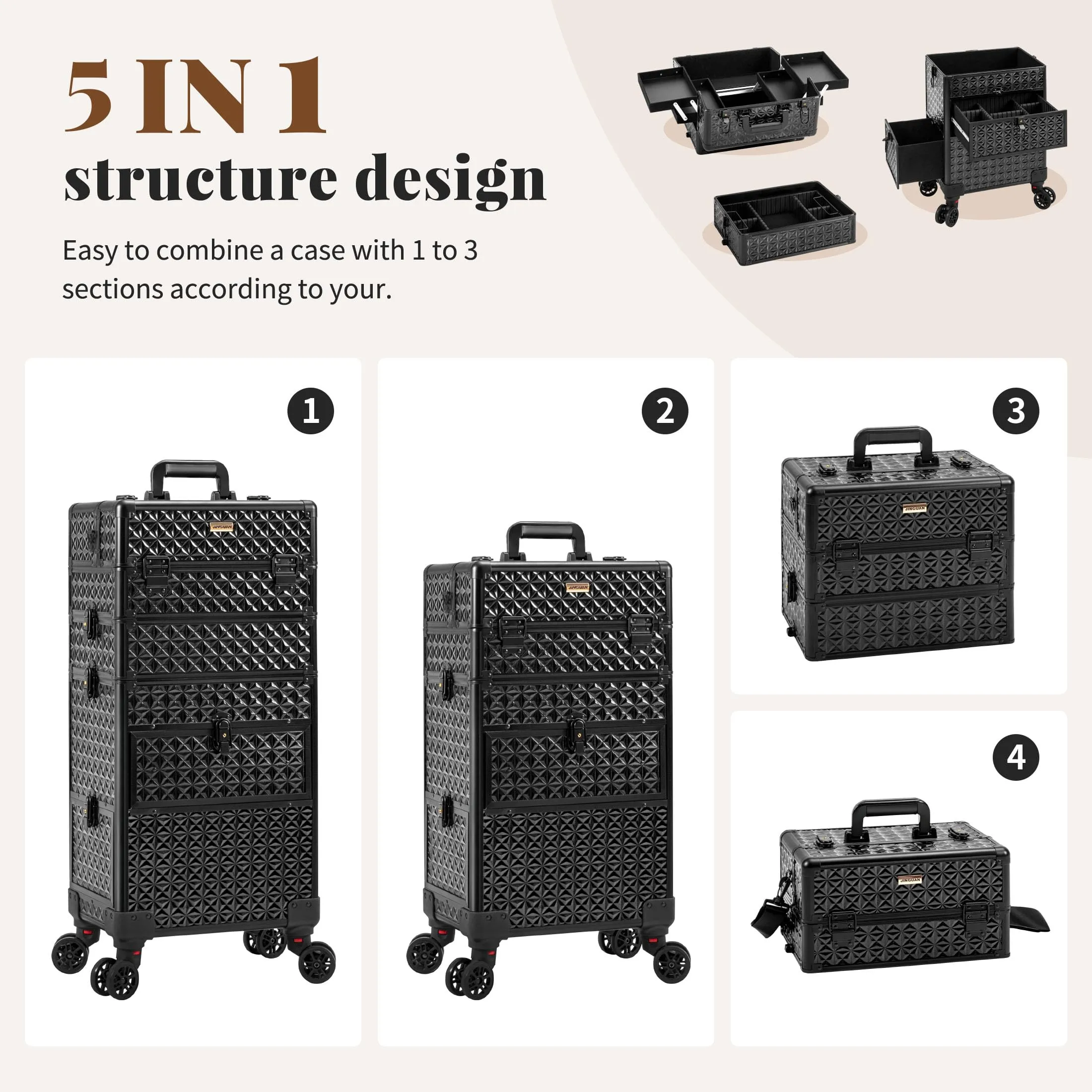 JINGUAN 4 in 1 Rolling Makeup Case with Drawers, Multi-functional Cosmetic Trolley with Wheels and Keys, Large Storage Traveling Cart Trunk for Nail Technicians, Makeup Artist and Hairstylist, Black