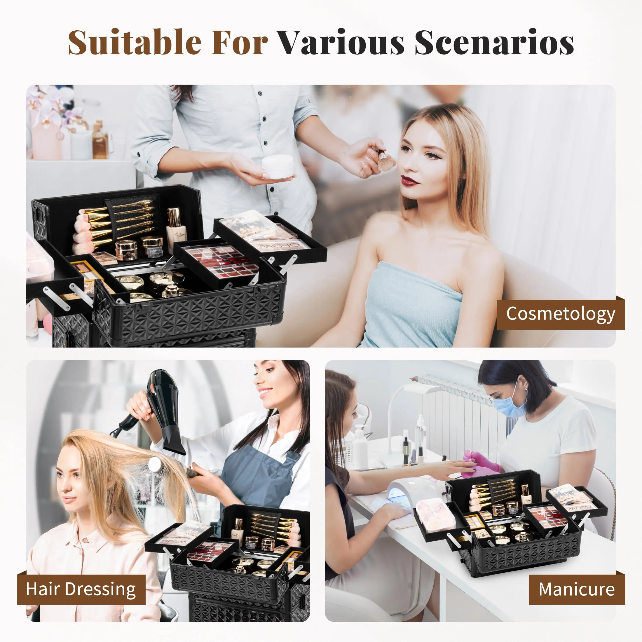 JINGUAN 4 in 1 Rolling Makeup Case with Drawers, Multi-functional Cosmetic Trolley with Wheels and Keys, Large Storage Traveling Cart Trunk for Nail Technicians, Makeup Artist and Hairstylist, Black