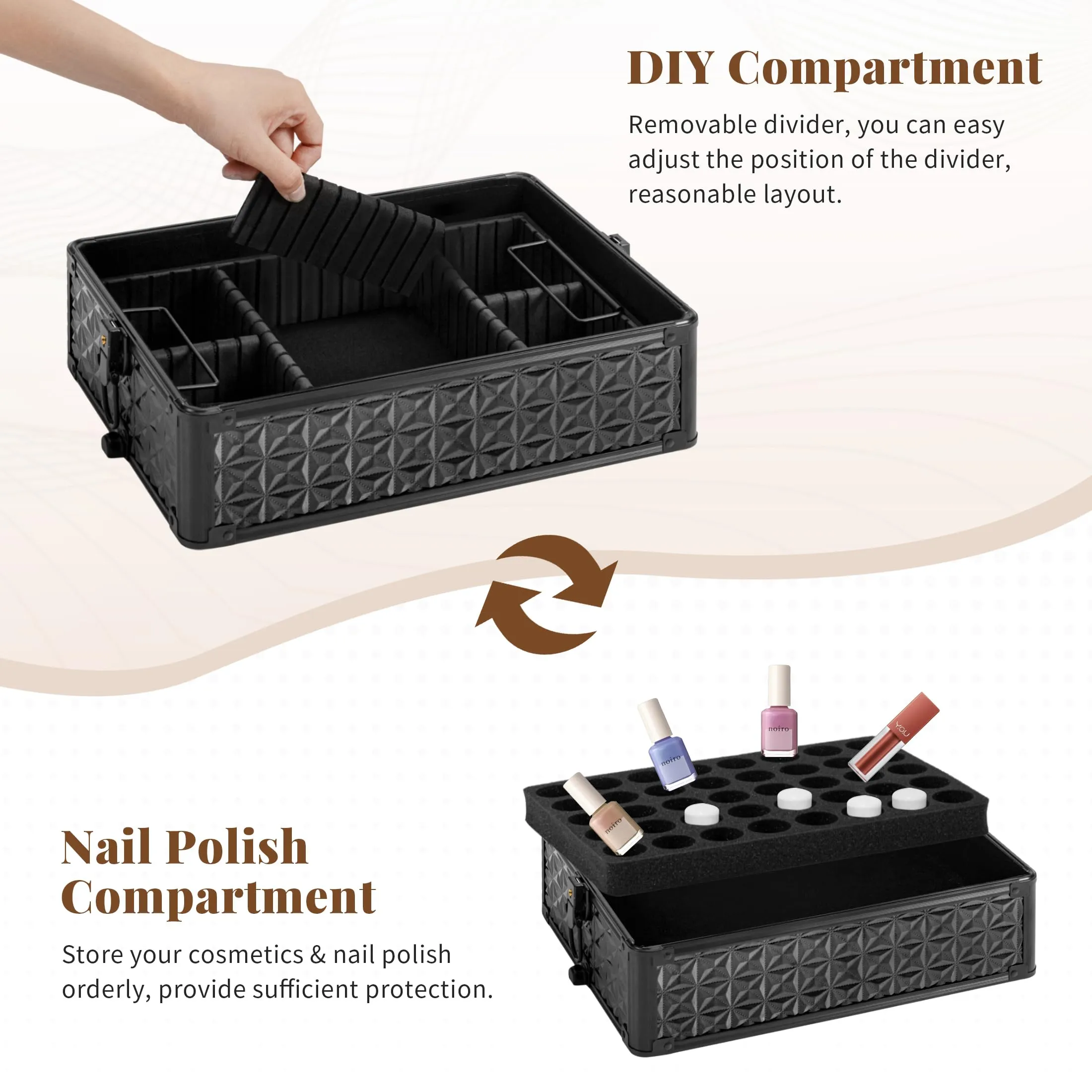JINGUAN 4 in 1 Rolling Makeup Case with Drawers, Multi-functional Cosmetic Trolley with Wheels and Keys, Large Storage Traveling Cart Trunk for Nail Technicians, Makeup Artist and Hairstylist, Black