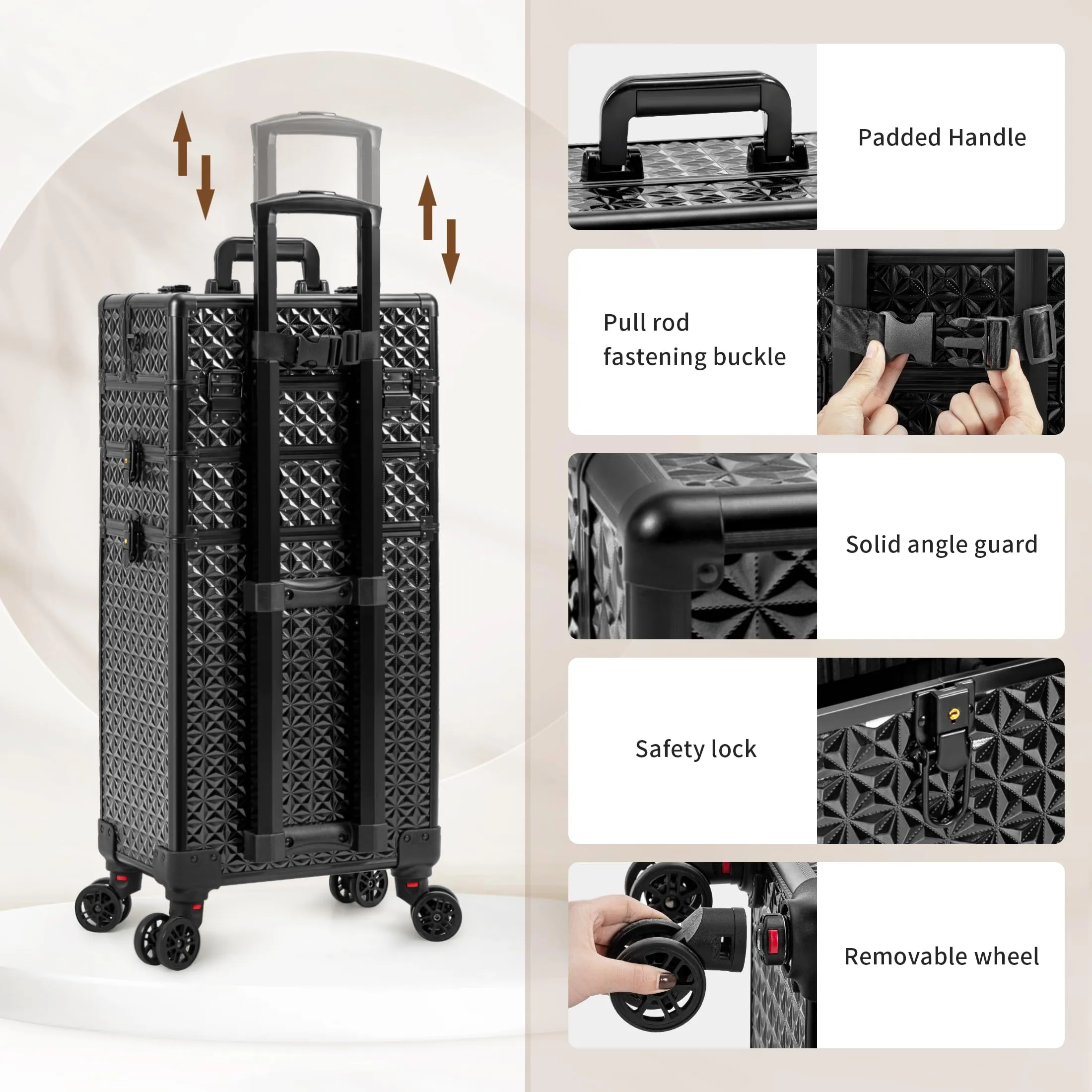 JINGUAN 4 in 1 Rolling Makeup Case with Drawers, Multi-functional Cosmetic Trolley with Wheels and Keys, Large Storage Traveling Cart Trunk for Nail Technicians, Makeup Artist and Hairstylist, Black