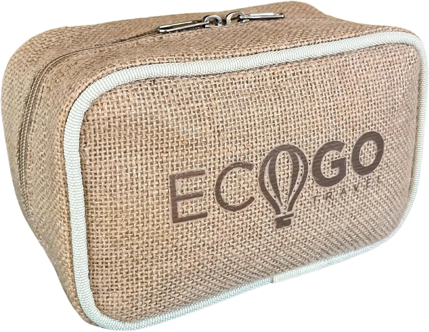 Jute Exterior Toiletry Cosmetic Bag with Synthetic Lining – Dual Zippers, Side Handle, Full-Open Design, Interior Straps – Ideal Organizer for Travel, Gym, Business Trips, and Camping
