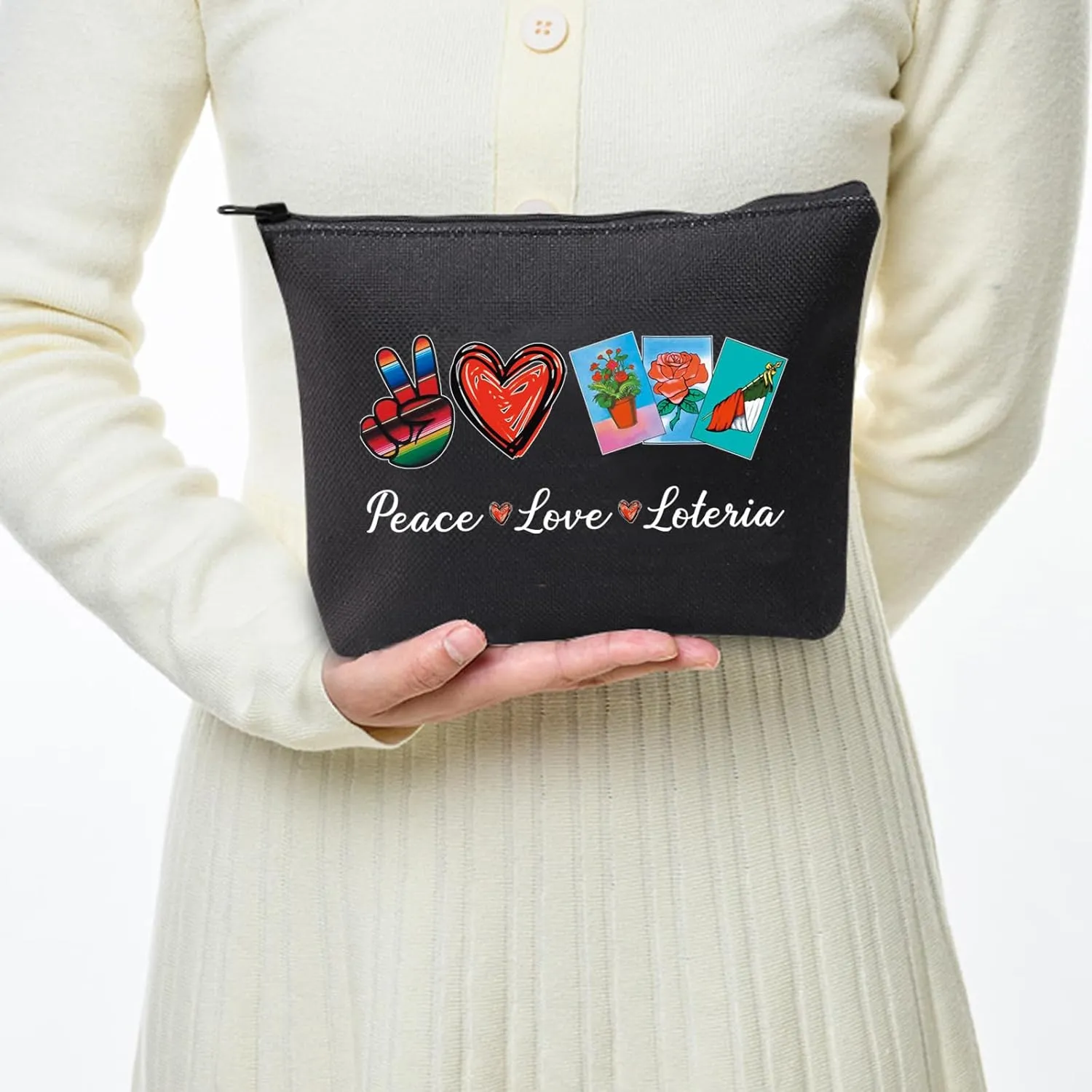 JXGZSO Funny Lottery Bag Mexican B Storage Bag Lottery Gift Peace Love Loteria Tote Canvas Pouch Lottery Themed Gifts