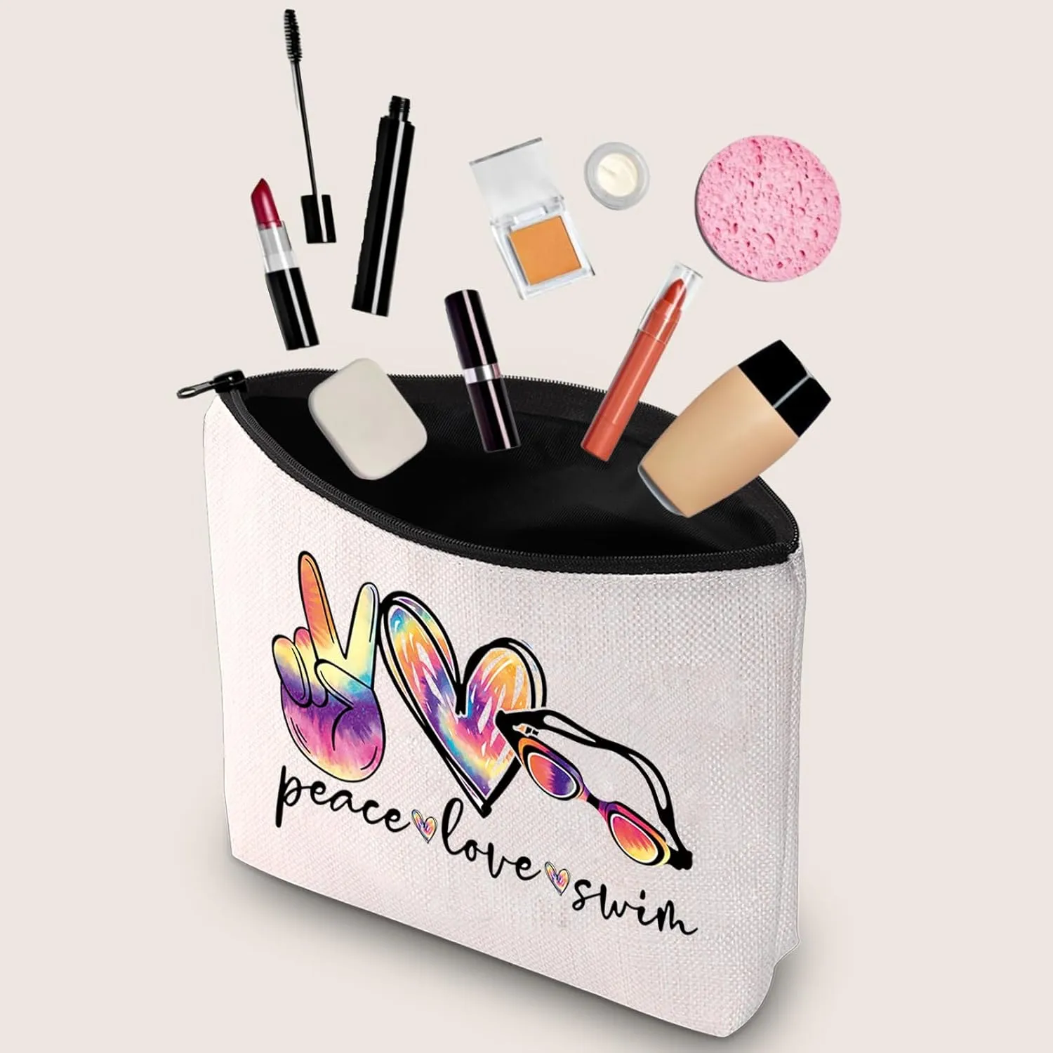 JXGZSO Funny Swimming Gift Peace Love Swim Makeup Bag With Zipper Swimmer Cosmetic Bag Gift For Swim Lover Coach