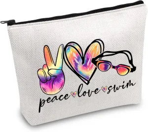 JXGZSO Funny Swimming Gift Peace Love Swim Makeup Bag With Zipper Swimmer Cosmetic Bag Gift For Swim Lover Coach
