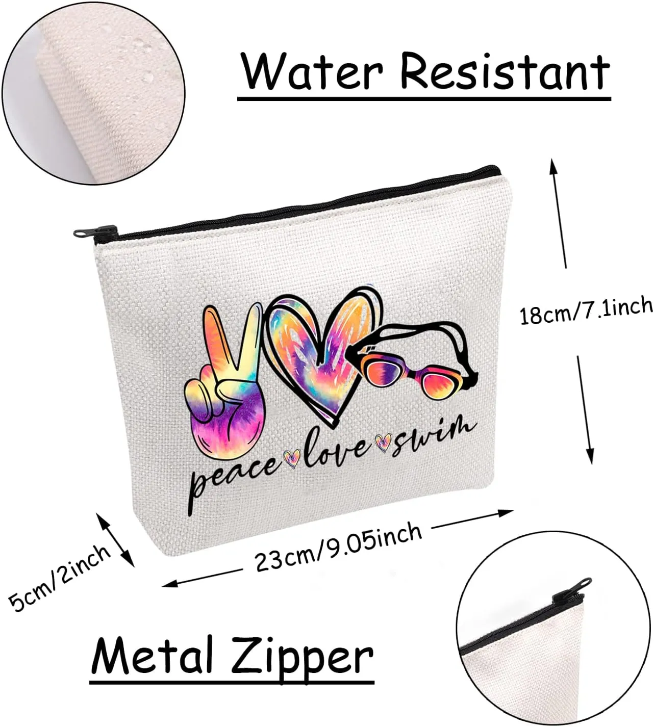 JXGZSO Funny Swimming Gift Peace Love Swim Makeup Bag With Zipper Swimmer Cosmetic Bag Gift For Swim Lover Coach