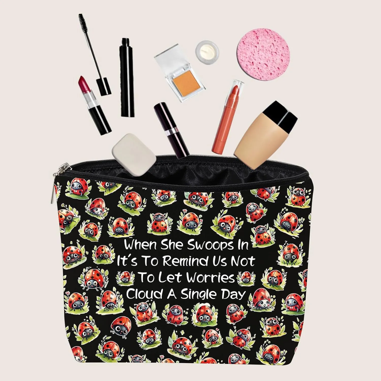 JXGZSO Good Luck Ladybug Makeup Bag With Zipper Gifts For Women When She Swoops In It's To Remind Us Not To Let Worries Cloud A Single Day Cosmetic Bag (Ladybug Bag Black)