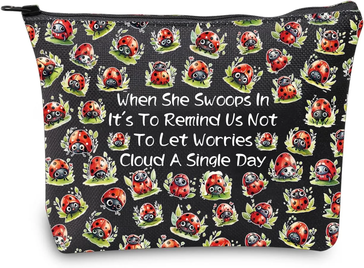 JXGZSO Good Luck Ladybug Makeup Bag With Zipper Gifts For Women When She Swoops In It's To Remind Us Not To Let Worries Cloud A Single Day Cosmetic Bag (Ladybug Bag Black)