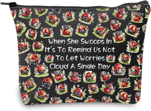 JXGZSO Good Luck Ladybug Makeup Bag With Zipper Gifts For Women When She Swoops In It's To Remind Us Not To Let Worries Cloud A Single Day Cosmetic Bag (Ladybug Bag Black)