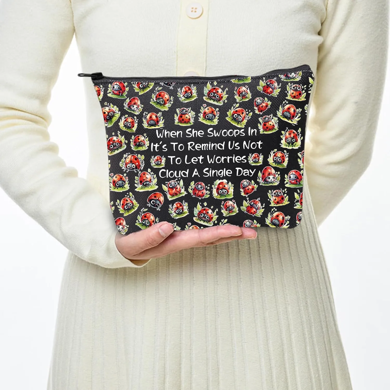JXGZSO Good Luck Ladybug Makeup Bag With Zipper Gifts For Women When She Swoops In It's To Remind Us Not To Let Worries Cloud A Single Day Cosmetic Bag (Ladybug Bag Black)