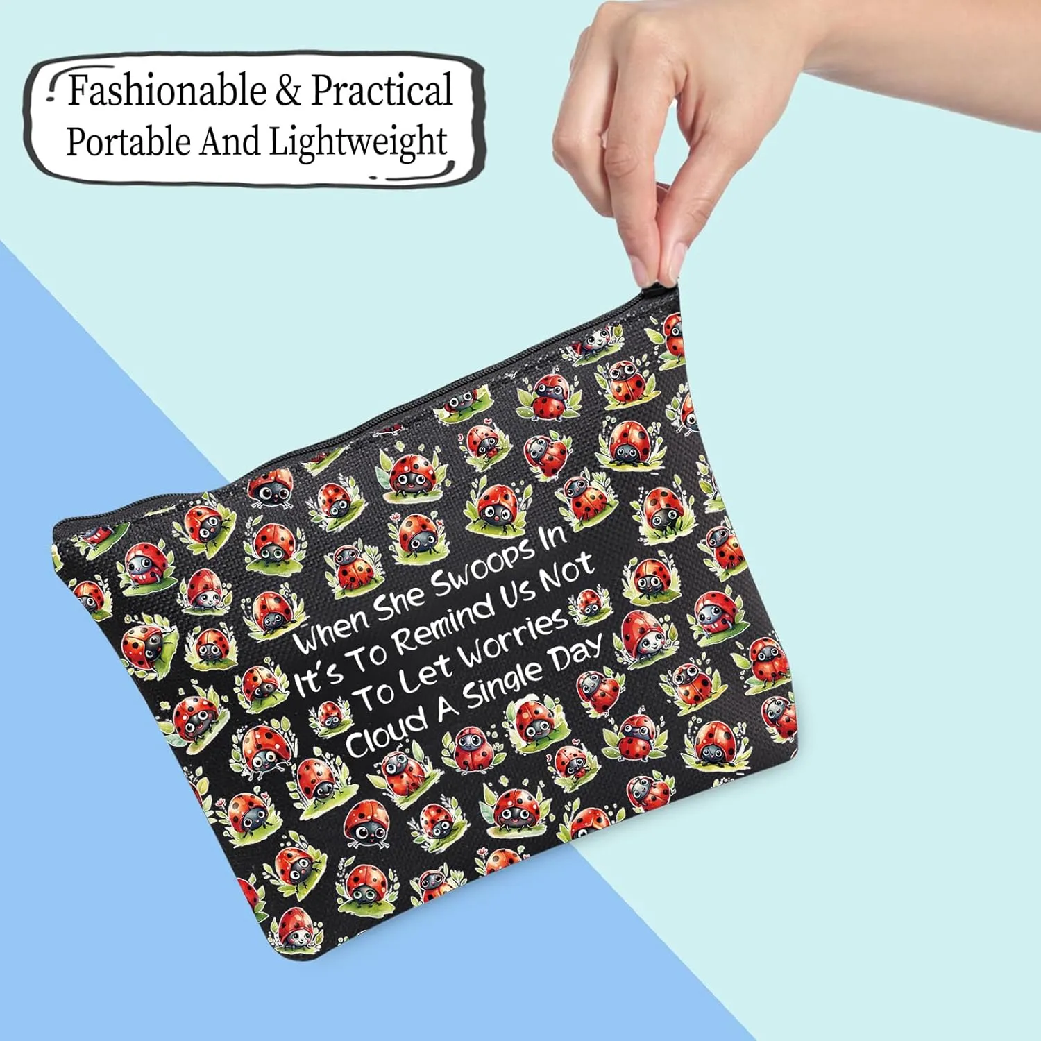 JXGZSO Good Luck Ladybug Makeup Bag With Zipper Gifts For Women When She Swoops In It's To Remind Us Not To Let Worries Cloud A Single Day Cosmetic Bag (Ladybug Bag Black)