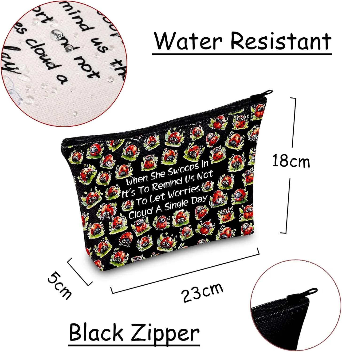 JXGZSO Good Luck Ladybug Makeup Bag With Zipper Gifts For Women When She Swoops In It's To Remind Us Not To Let Worries Cloud A Single Day Cosmetic Bag (Ladybug Bag Black)
